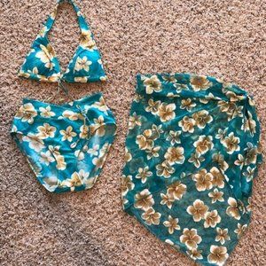 3 piece swimsuit/wrap around coverup w/real seashells attached